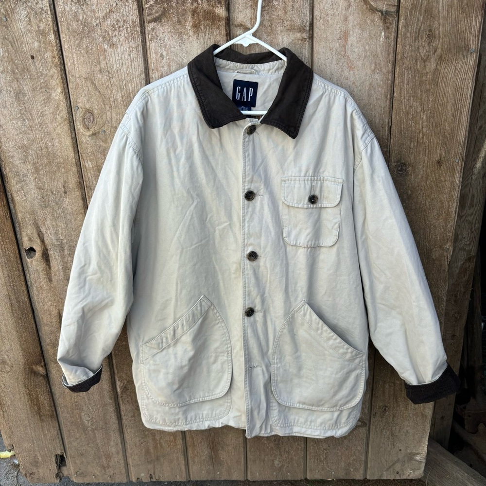 Vtg Gap Chore Coat Canvas Field Barn Jacket Flannel Lined Leather Collar XL